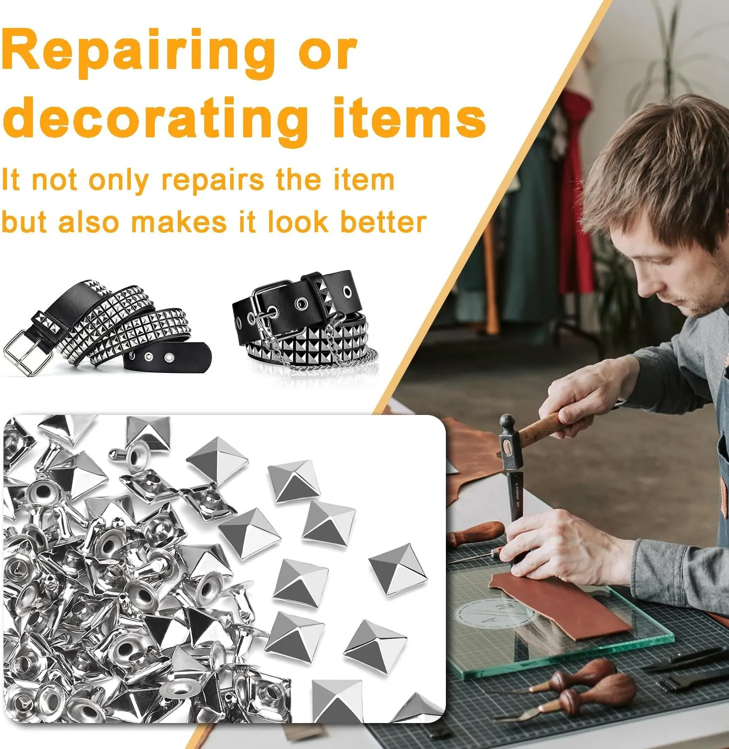 100Sets 6mm Square Pyramid Rivet, Leather Rivets Metal Spike Studs Rivet for Punk Rock Clothing Belt Bags Bracelets DIY Repair and Decoration Accessories (Silver)