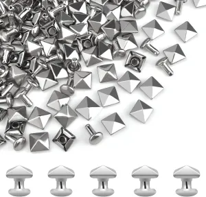 100Sets 6mm Square Pyramid Rivet, Leather Rivets Metal Spike Studs Rivet for Punk Rock Clothing Belt Bags Bracelets DIY Repair and Decoration Accessories (Silver)