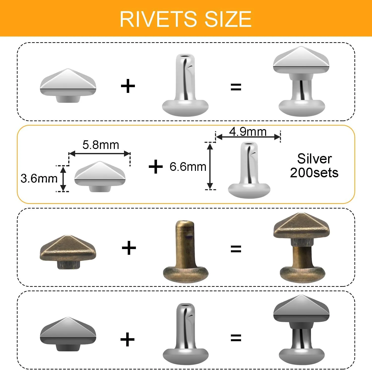 100Sets 6mm Square Pyramid Rivet, Leather Rivets Metal Spike Studs Rivet for Punk Rock Clothing Belt Bags Bracelets DIY Repair and Decoration Accessories (Silver)