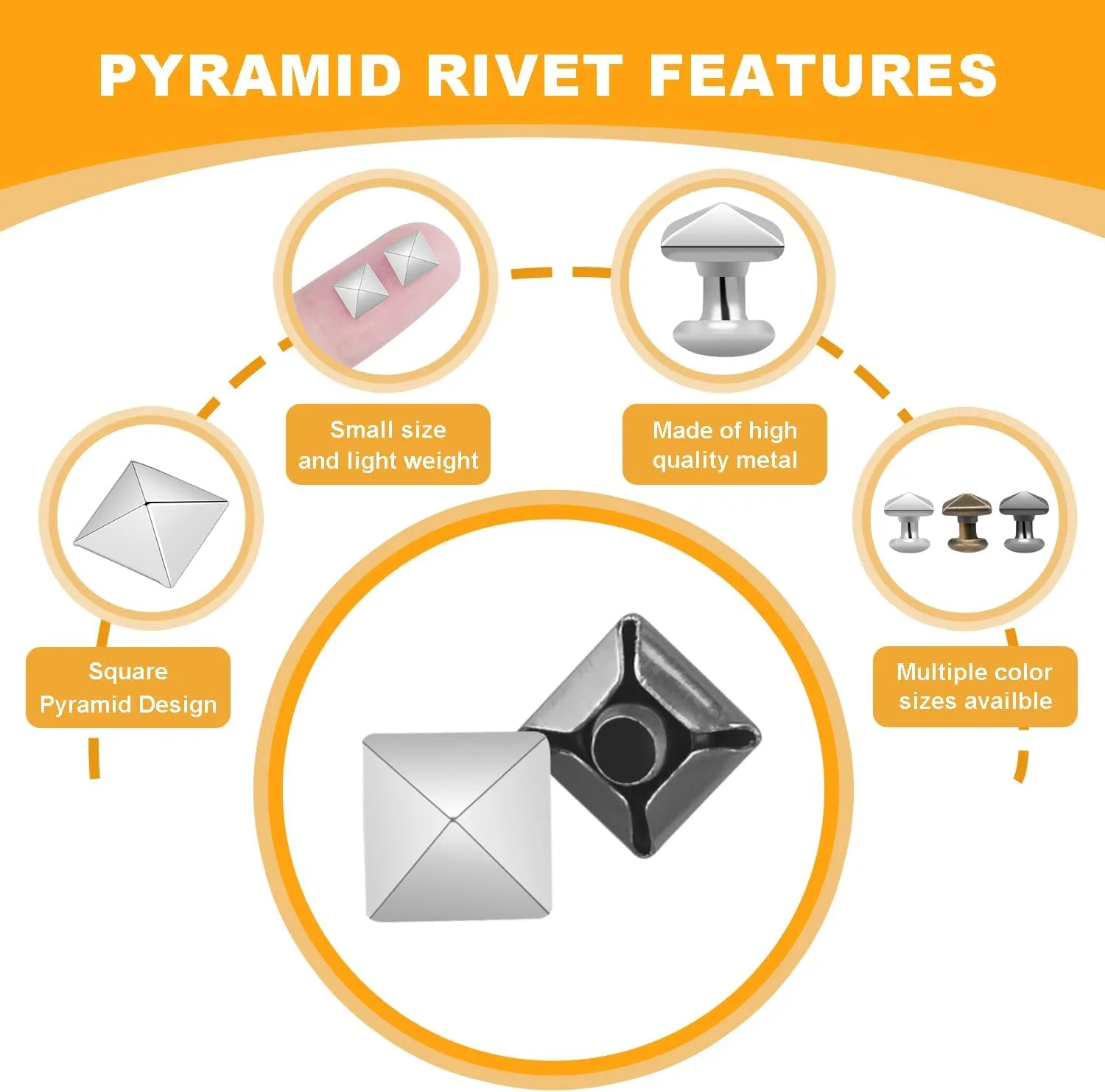 100Sets 6mm Square Pyramid Rivet, Leather Rivets Metal Spike Studs Rivet for Punk Rock Clothing Belt Bags Bracelets DIY Repair and Decoration Accessories (Silver)