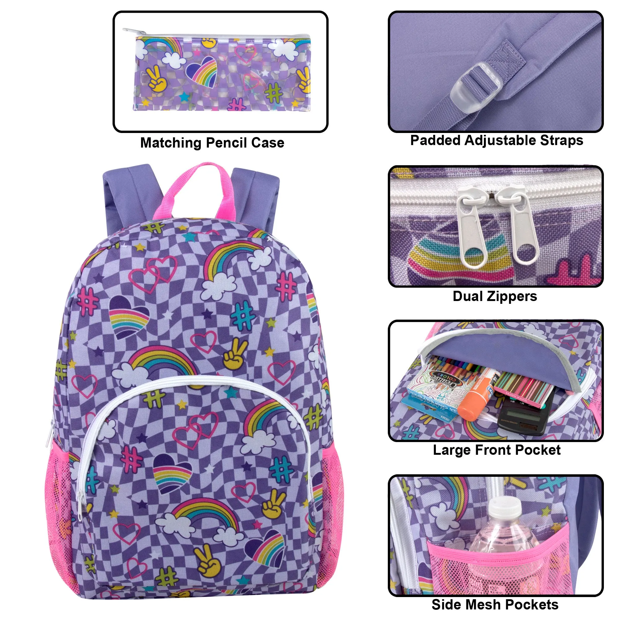 17-inch Printed Rainbow Backpack w Matching Pencil Case
