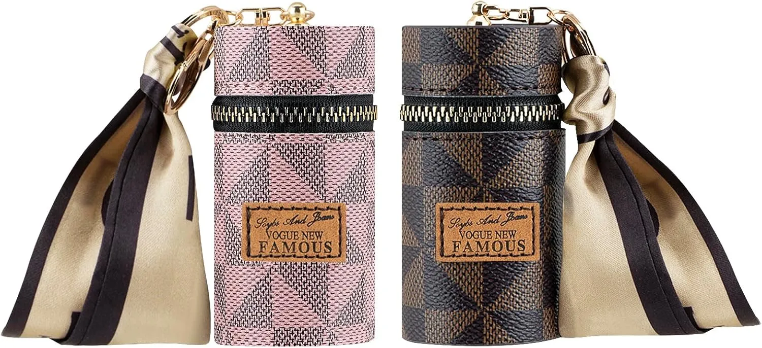 2 Pack Lipstick Organizer, Leather Lip Gloss Bag with Keychain, Portable Mini Lipstick Case for Purse (Brown, Pink)
