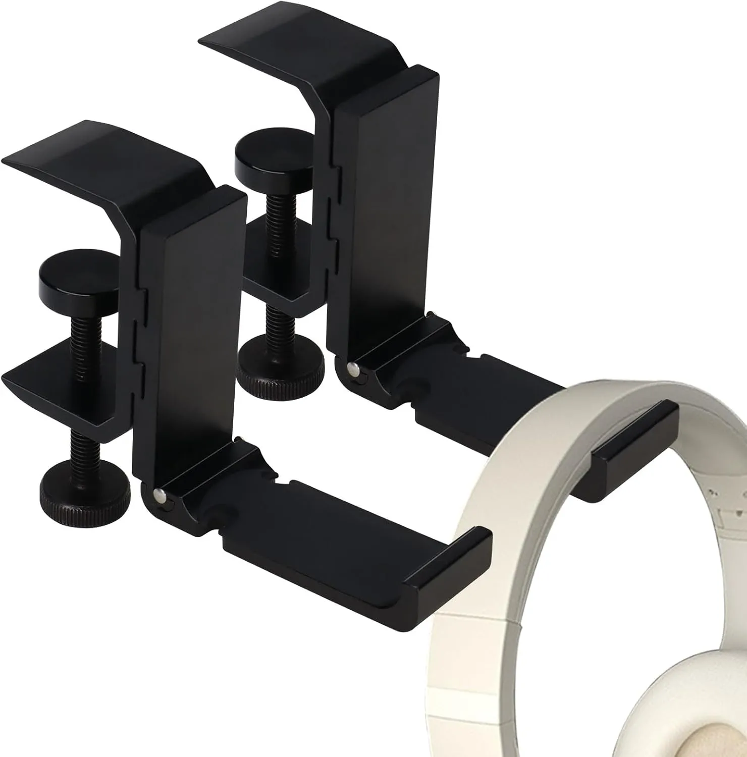 2Pcs Foldable Headphone Stand Hanger Holder, Under Desk Aluminum Headset Stand Hook with Cable Clip, Clamp Desk Hook for Purse Bag Backpack, Universal Fit