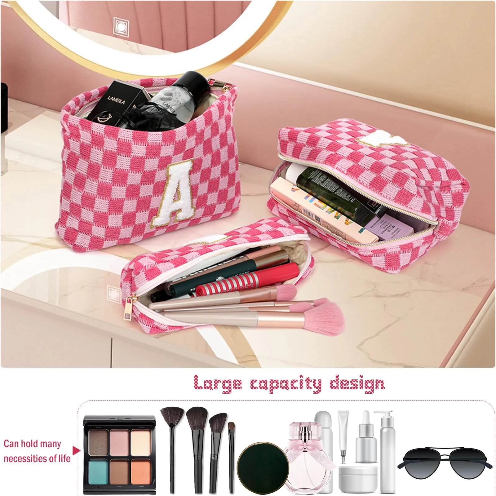 Aintmax Graduation Gifts for Her,3 Pieces Checkered Makeup Bag Personalized Initial Make Up Bag Cute Storage Pouch Travel Toiletry Cosmetic Bag Teacher Birthday Gifts for Women Girls (Rose Red-A)