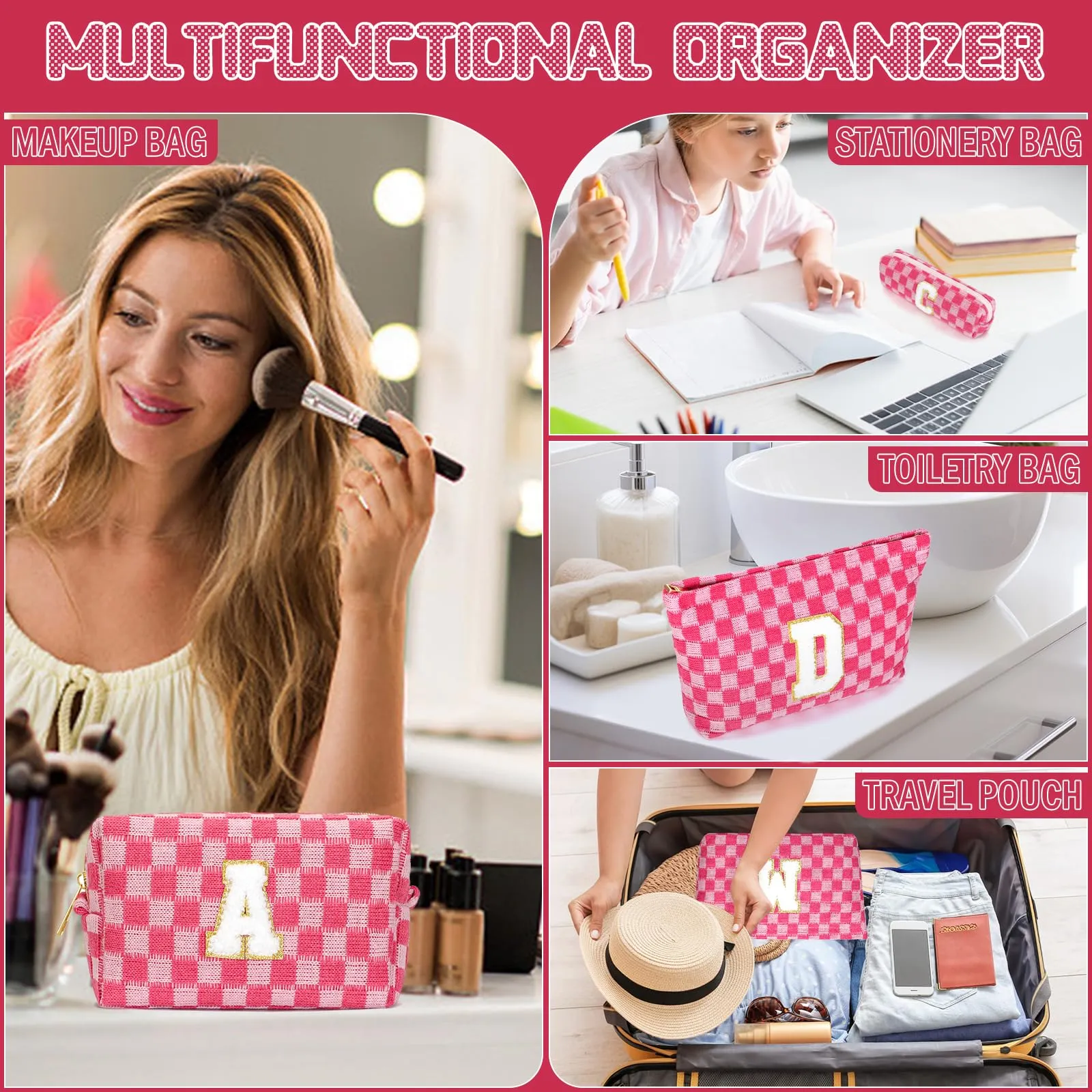 Aintmax Graduation Gifts for Her,3 Pieces Checkered Makeup Bag Personalized Initial Make Up Bag Cute Storage Pouch Travel Toiletry Cosmetic Bag Teacher Birthday Gifts for Women Girls (Rose Red-A)
