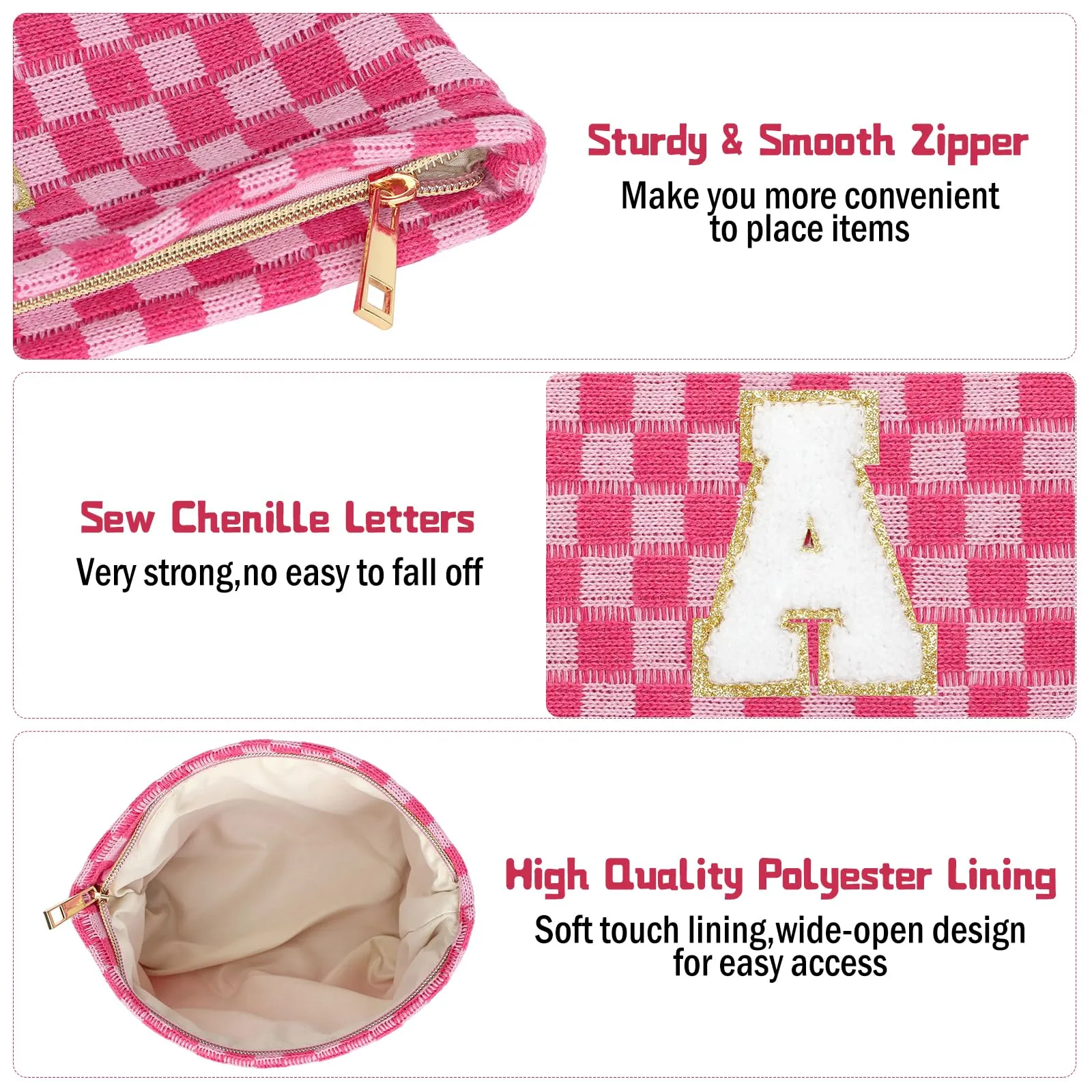 Aintmax Graduation Gifts for Her,3 Pieces Checkered Makeup Bag Personalized Initial Make Up Bag Cute Storage Pouch Travel Toiletry Cosmetic Bag Teacher Birthday Gifts for Women Girls (Rose Red-A)