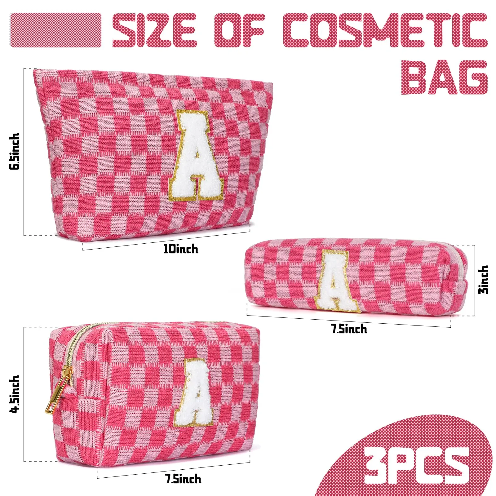Aintmax Graduation Gifts for Her,3 Pieces Checkered Makeup Bag Personalized Initial Make Up Bag Cute Storage Pouch Travel Toiletry Cosmetic Bag Teacher Birthday Gifts for Women Girls (Rose Red-A)
