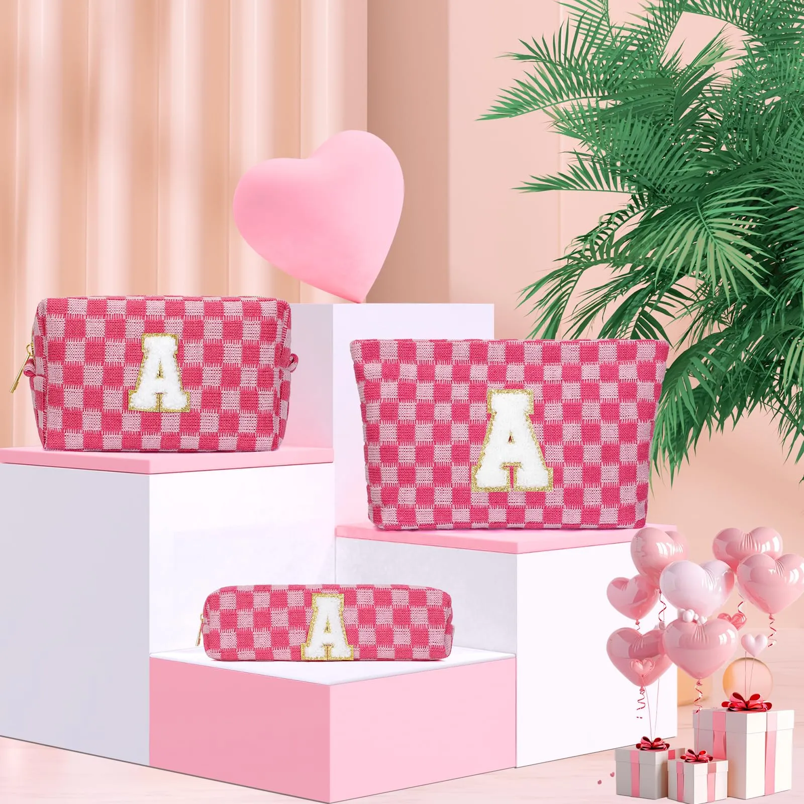 Aintmax Graduation Gifts for Her,3 Pieces Checkered Makeup Bag Personalized Initial Make Up Bag Cute Storage Pouch Travel Toiletry Cosmetic Bag Teacher Birthday Gifts for Women Girls (Rose Red-A)
