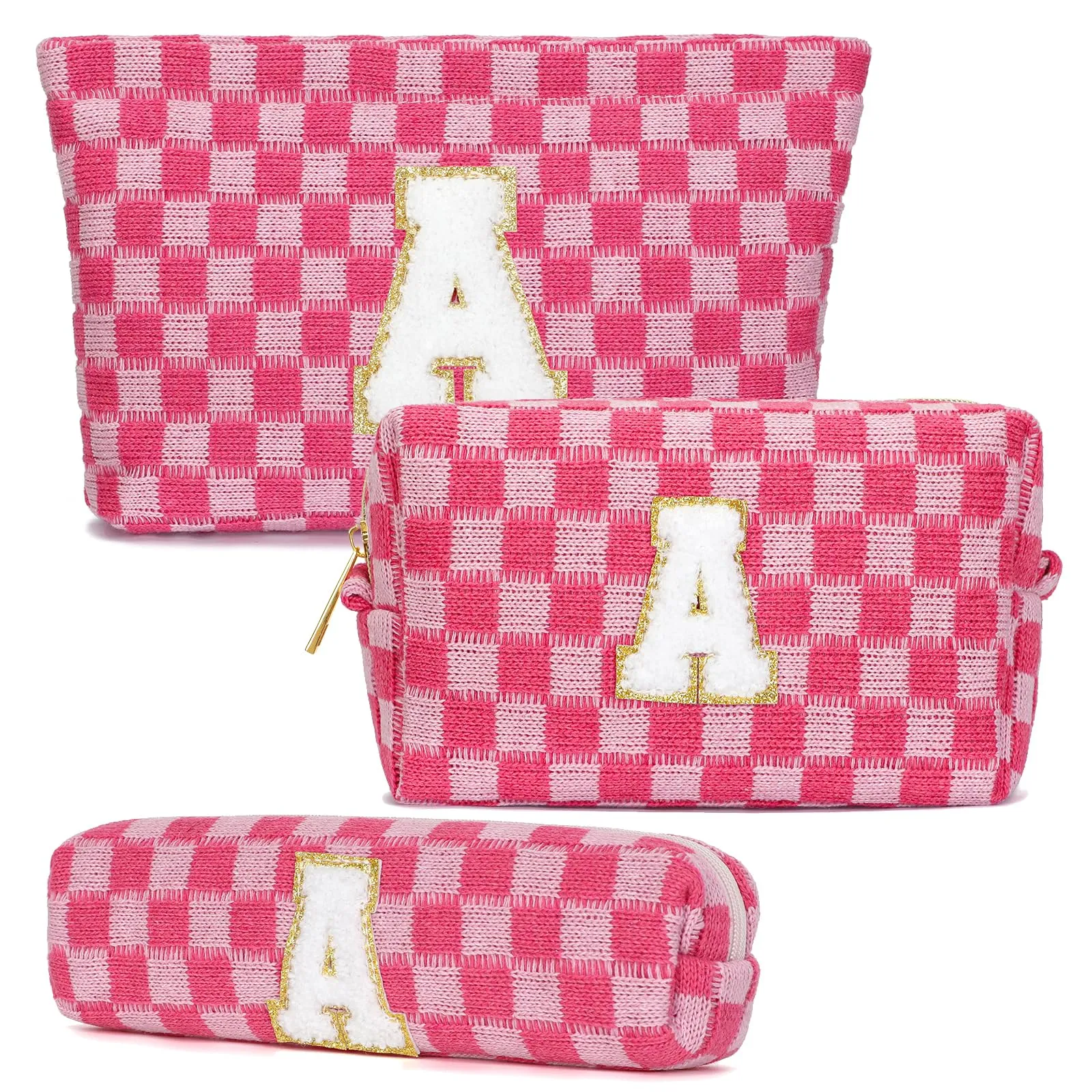 Aintmax Graduation Gifts for Her,3 Pieces Checkered Makeup Bag Personalized Initial Make Up Bag Cute Storage Pouch Travel Toiletry Cosmetic Bag Teacher Birthday Gifts for Women Girls (Rose Red-A)