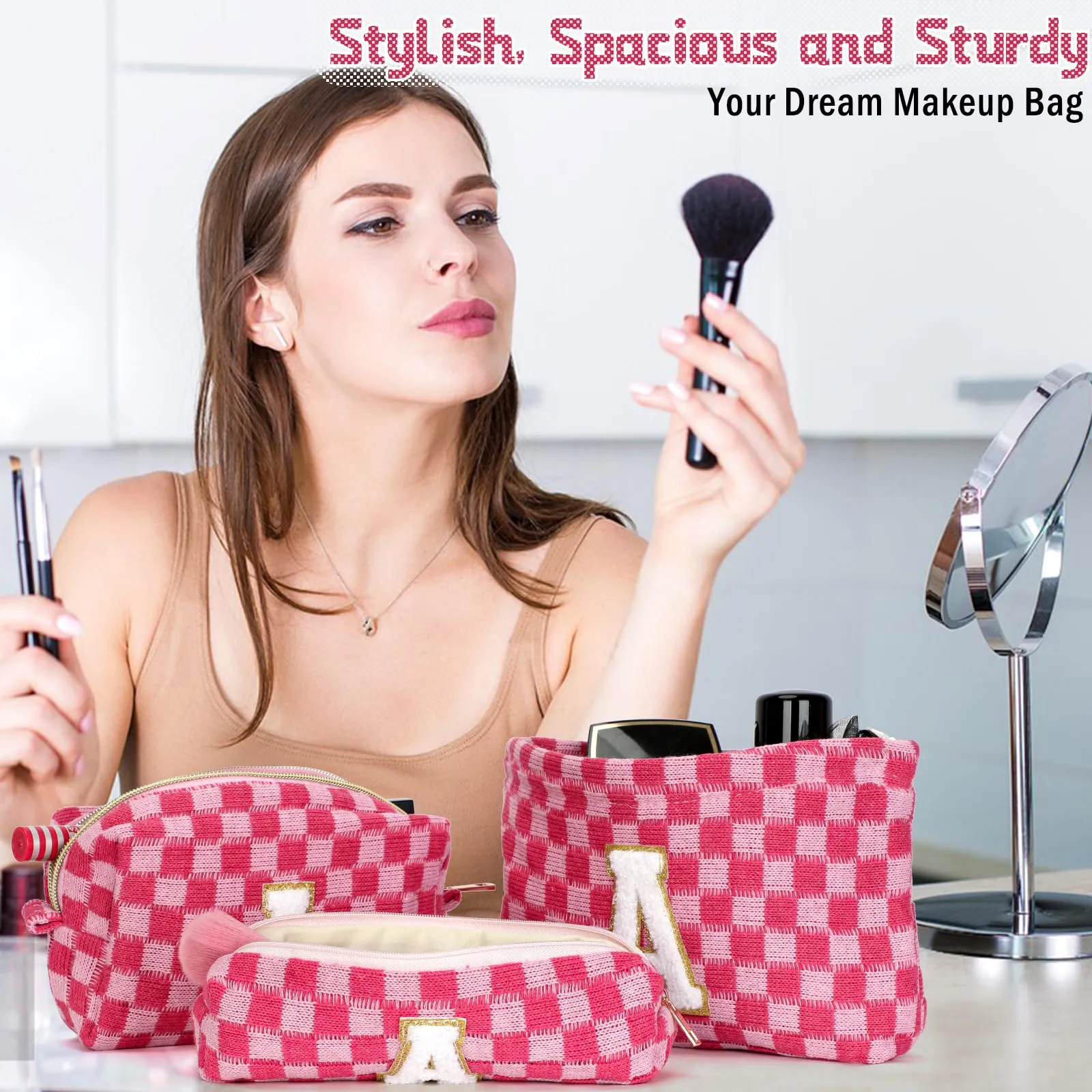 Aintmax Graduation Gifts for Her,3 Pieces Checkered Makeup Bag Personalized Initial Make Up Bag Cute Storage Pouch Travel Toiletry Cosmetic Bag Teacher Birthday Gifts for Women Girls (Rose Red-A)