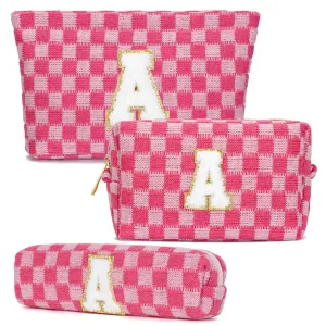 Aintmax Graduation Gifts for Her,3 Pieces Checkered Makeup Bag Personalized Initial Make Up Bag Cute Storage Pouch Travel Toiletry Cosmetic Bag Teacher Birthday Gifts for Women Girls (Rose Red-A)