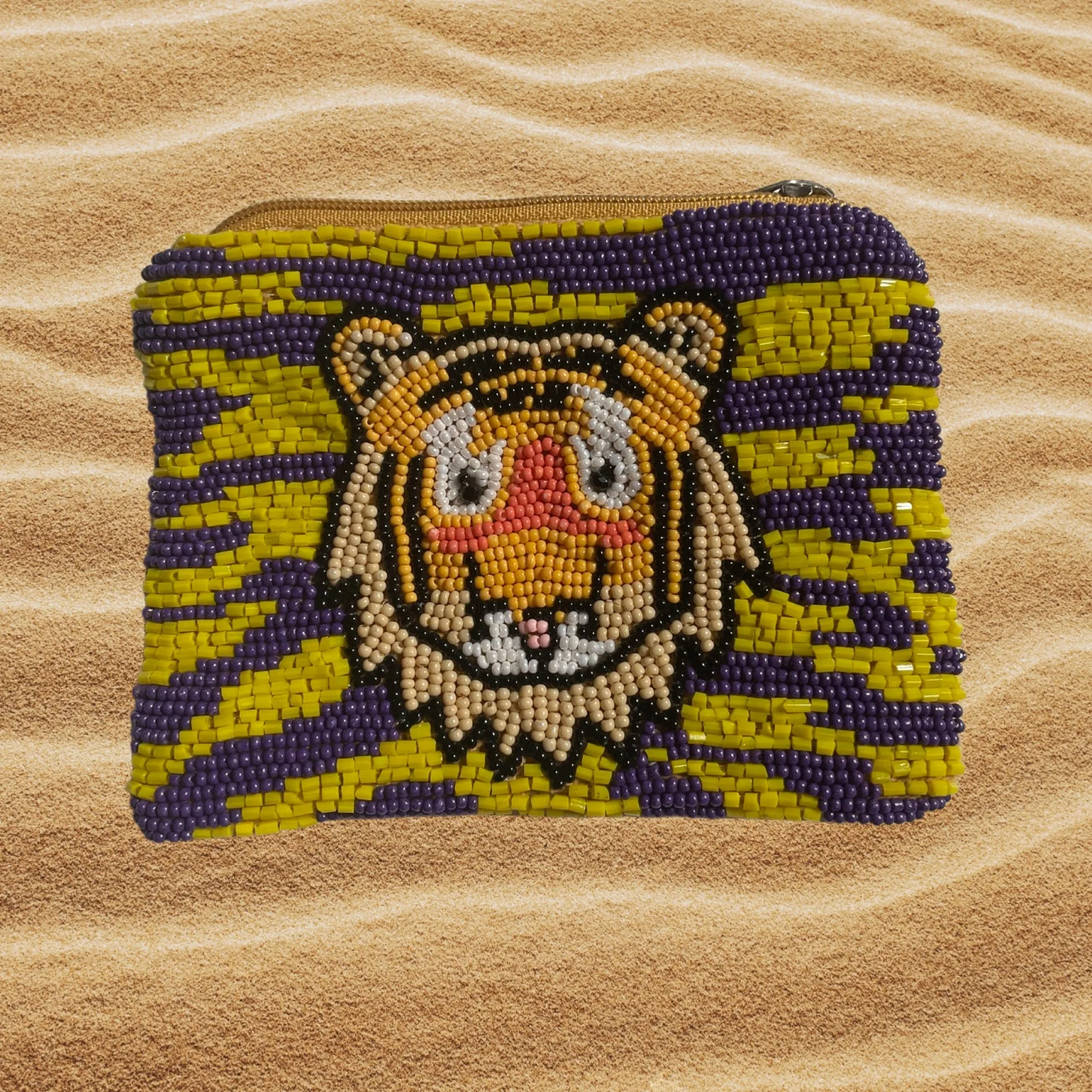 Beaded Purple & Gold Coin Pouch