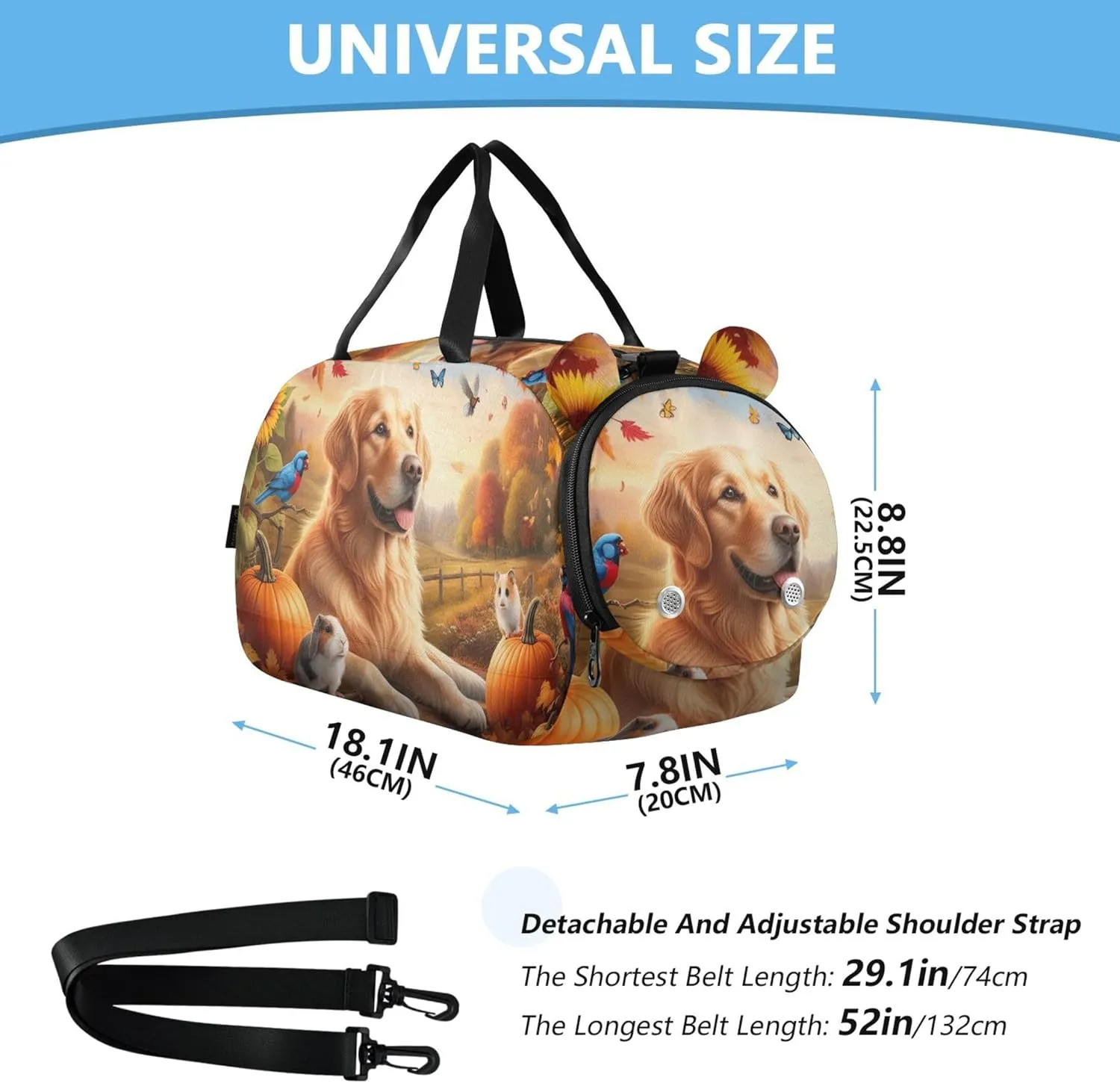 Boys Carry on Duffel Bag Autumn Golden Retriever Weekender Overnight Travel Duffle Bags Girls Tote Dance Duffle Bag