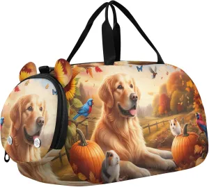 Boys Carry on Duffel Bag Autumn Golden Retriever Weekender Overnight Travel Duffle Bags Girls Tote Dance Duffle Bag