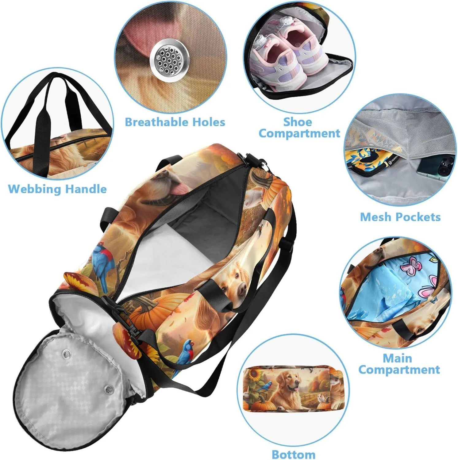 Boys Carry on Duffel Bag Autumn Golden Retriever Weekender Overnight Travel Duffle Bags Girls Tote Dance Duffle Bag