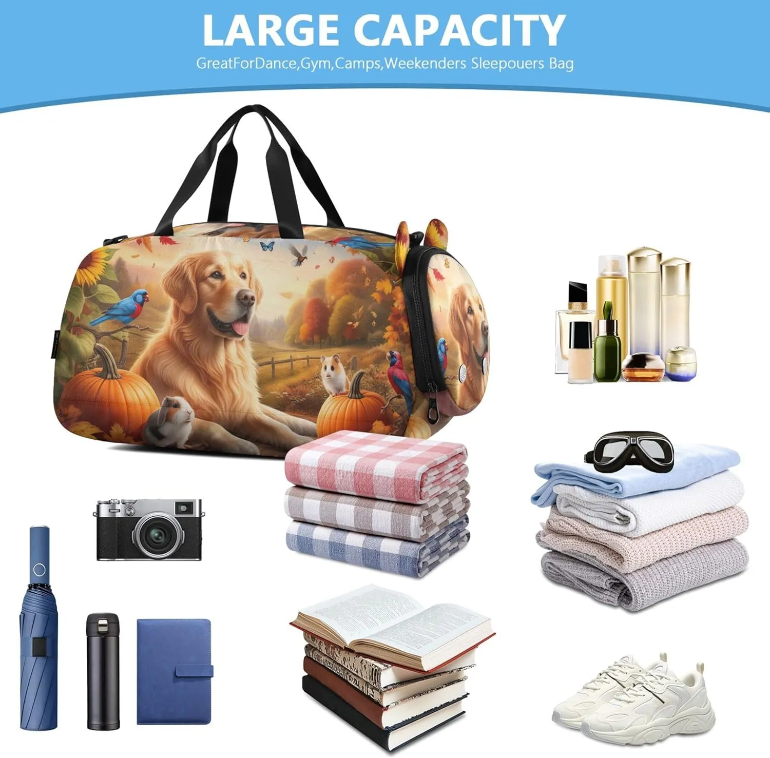 Boys Carry on Duffel Bag Autumn Golden Retriever Weekender Overnight Travel Duffle Bags Girls Tote Dance Duffle Bag
