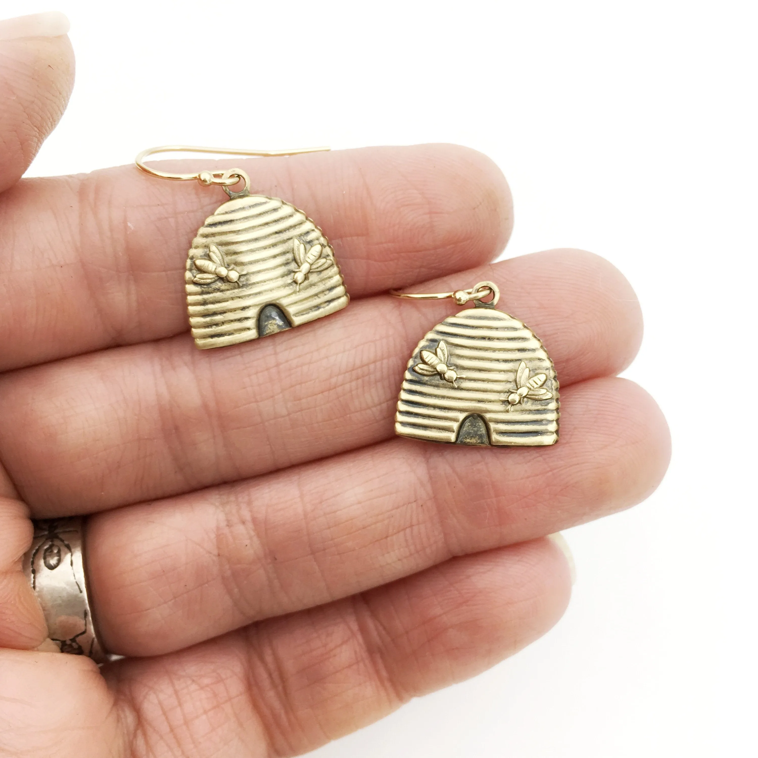 Brass and Gold Beehive Insect Earrings