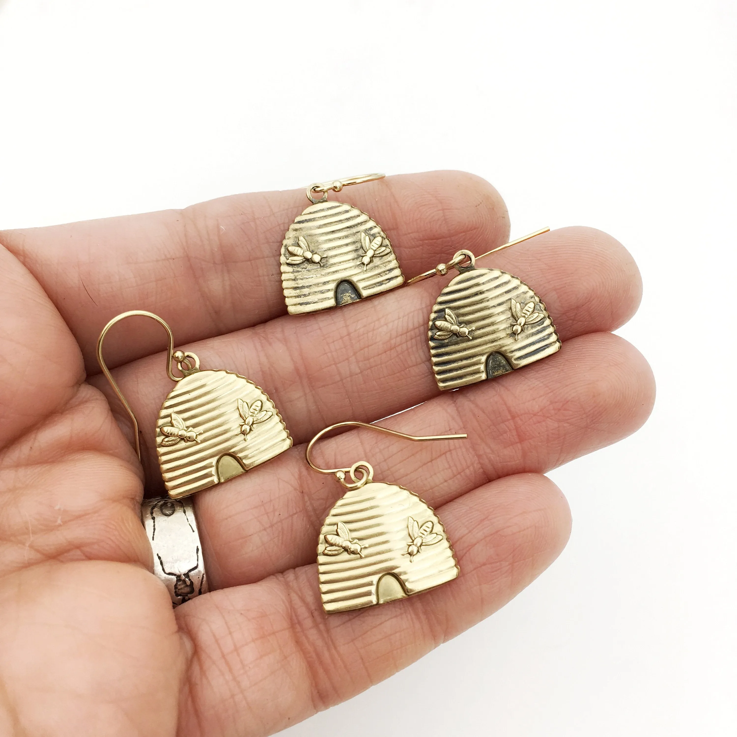 Brass and Gold Beehive Insect Earrings