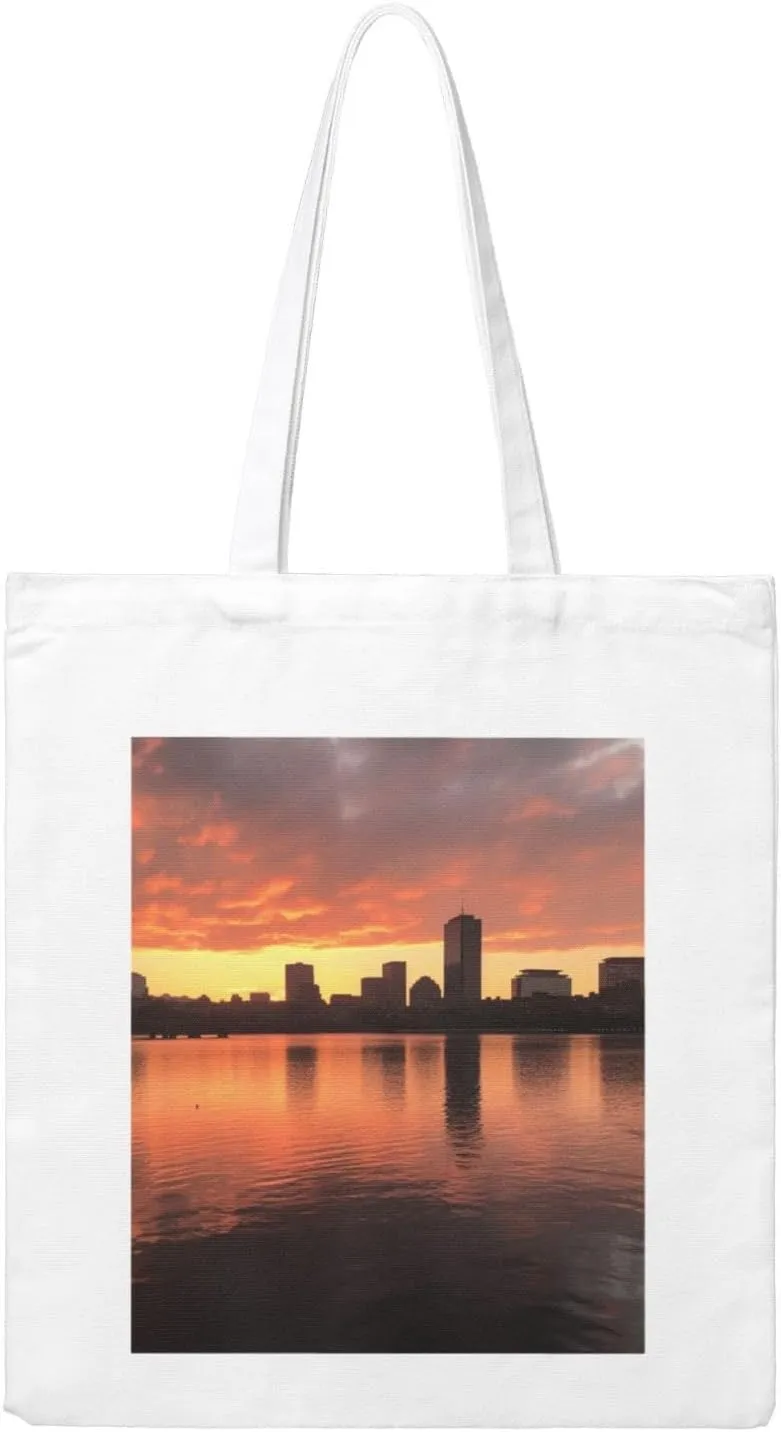 Canvas Aesthetic Tote Bag for Women Handbag Boston Charles River City Skyline Sunset Reusable Grocery Bags with Handles