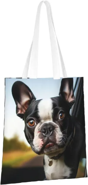 Canvas Aesthetic Tote Bag for Women Handbag Puppy Dog Boston Terrier Reusable Grocery Bags with Handles