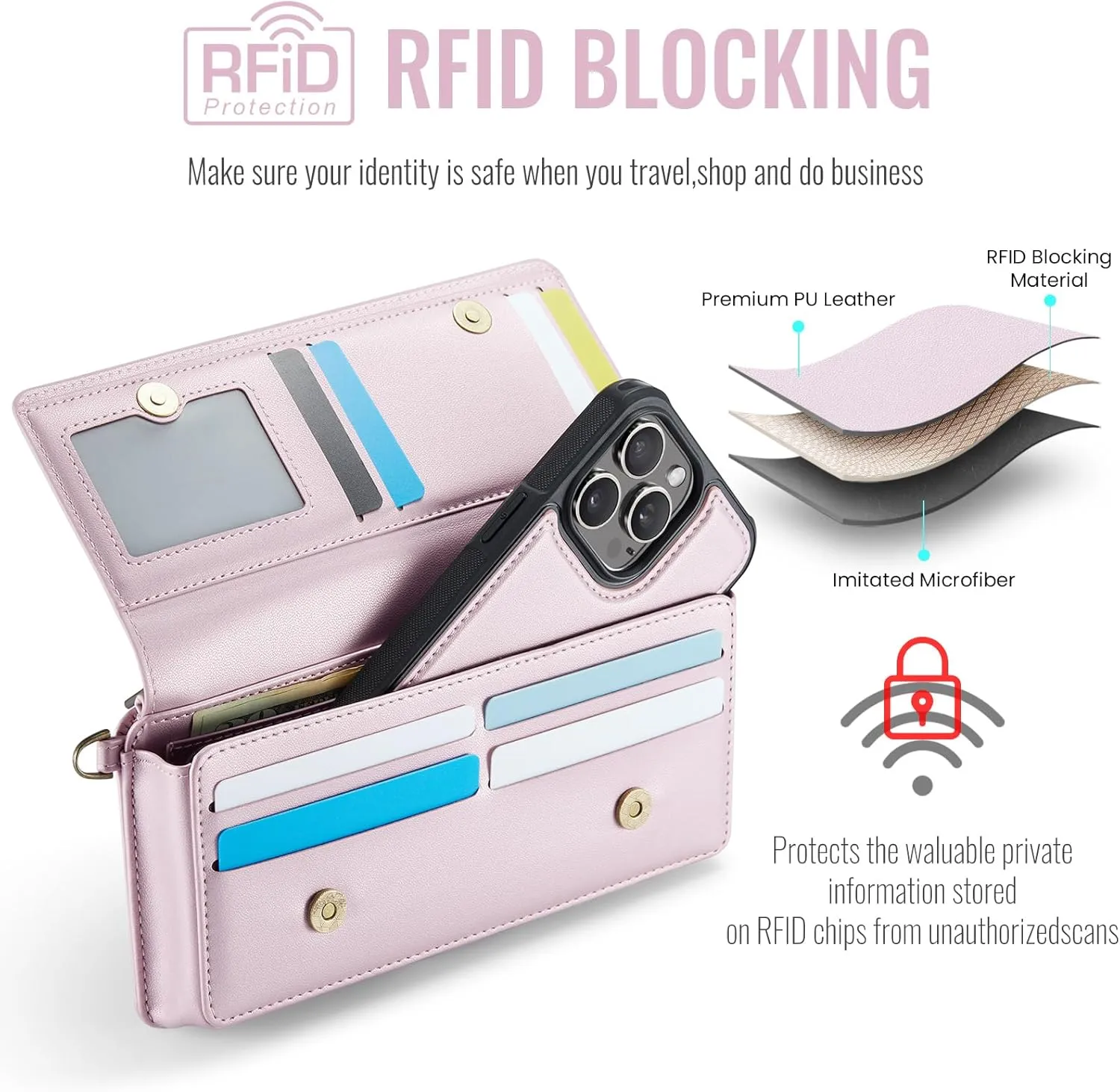CaseMe Women Wallet RFID Blocking Multi Card Slots with Zipper Pocket Detachable Wristlet & Shoulder Strap