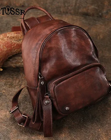 Classic Coffee Leather Rucksack Bag Womens Compact Leather Backpack Ladies Backpack Purses