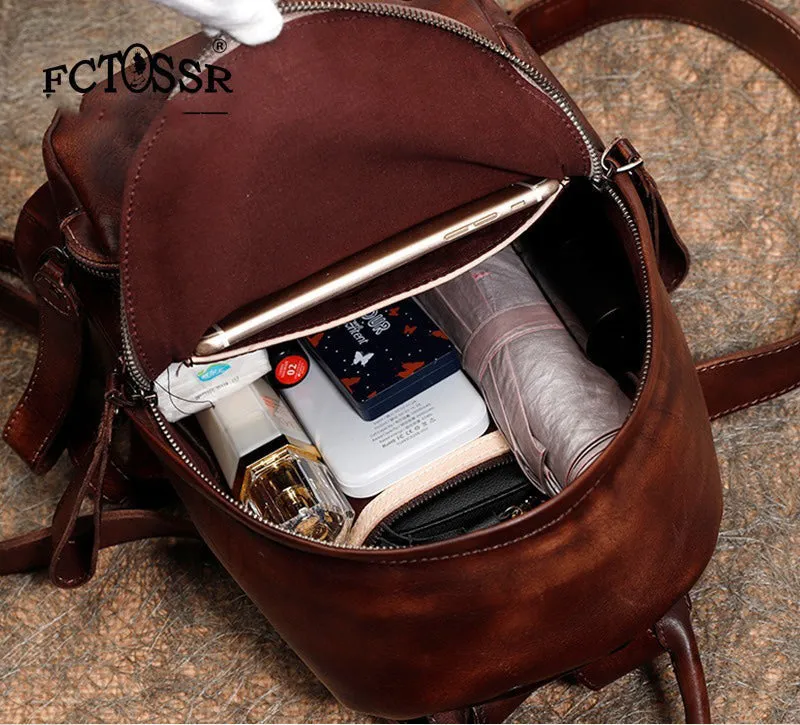 Classic Coffee Leather Rucksack Bag Womens Compact Leather Backpack Ladies Backpack Purses