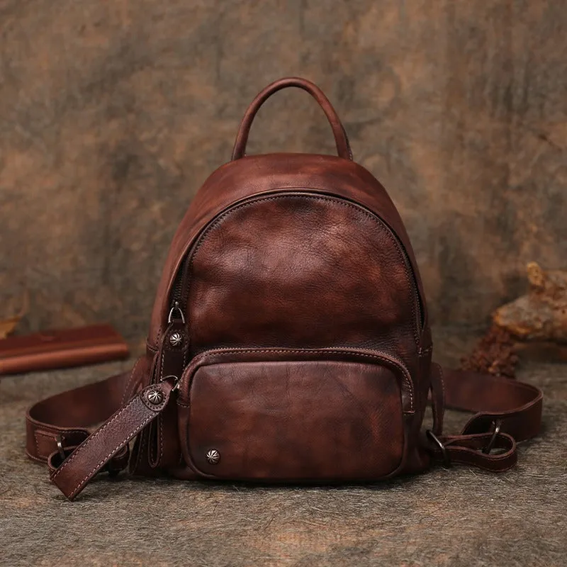 Classic Coffee Leather Rucksack Bag Womens Compact Leather Backpack Ladies Backpack Purses
