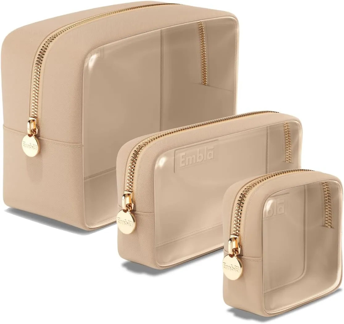 Clear Cosmetic Bags Set of 3, Mini Small Large Makeup Bags For Women Clear Pouch Cosmetics Cases Zipper Cute Pouches Make Up Travel Toiletry Essentials Preppy Purse Organizer Makeup Cases, Sand
