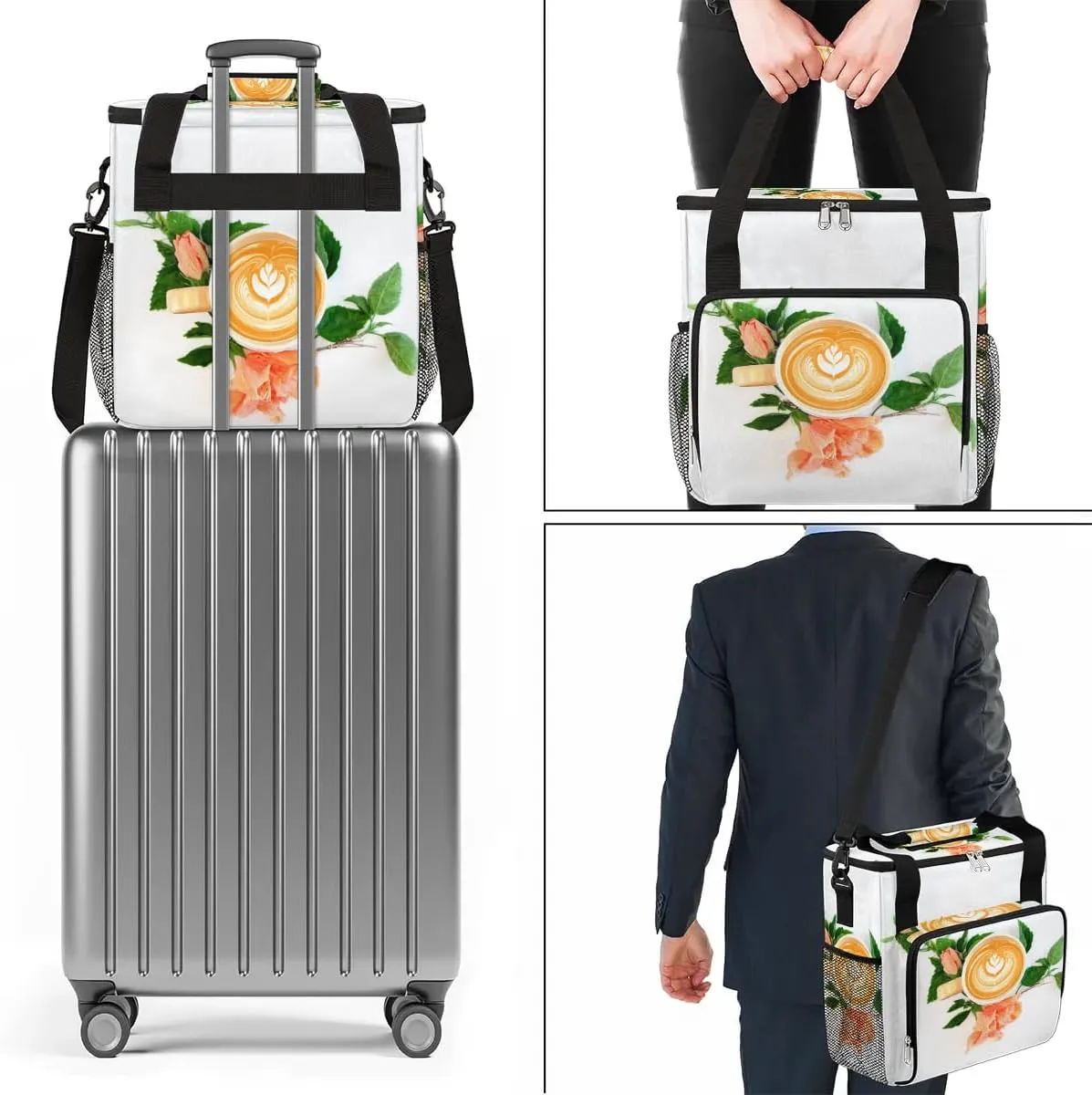 coffee beans cup flower Coffee Maker Carring Bag Travel Carrying Storage Tote Bag Compatible with Keurig K-Mini or K-Mini Plus Portable Single Serve Coffee Brewer Case with Pockets for K-cup Pods