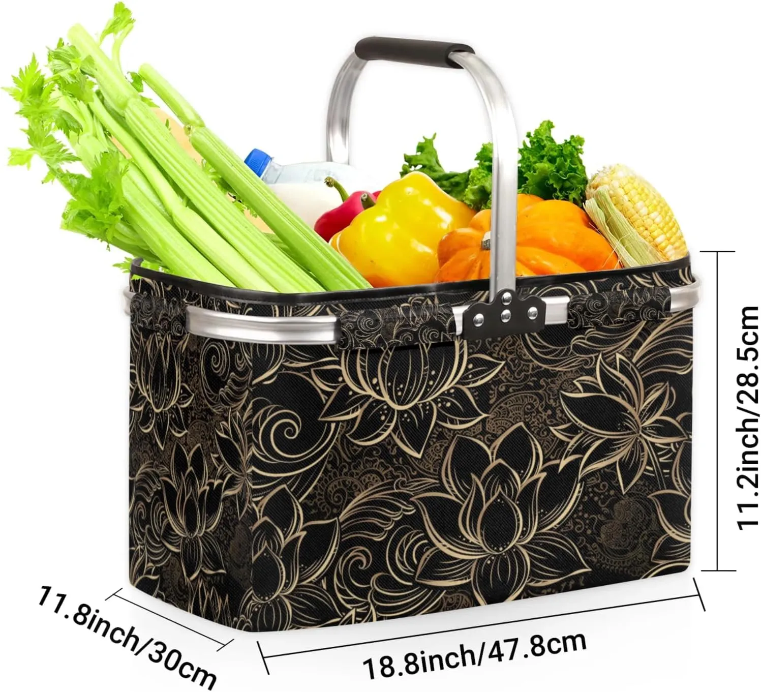 Collapsible Picnic Basket with Handle, Shopping Basket Aluminum Frame, Grocery Basket Tote for Women, Farmers Market Basket, Harvest Baskets Camping Travel Portable Beach Bag (Golden Lotus)