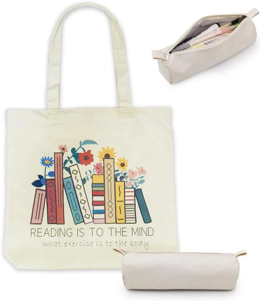Cute Canvas Book Tote Bag with Pocket, Book Lovers Gifts for Women,Book Themed Birthday Gifts- Reading Accessories