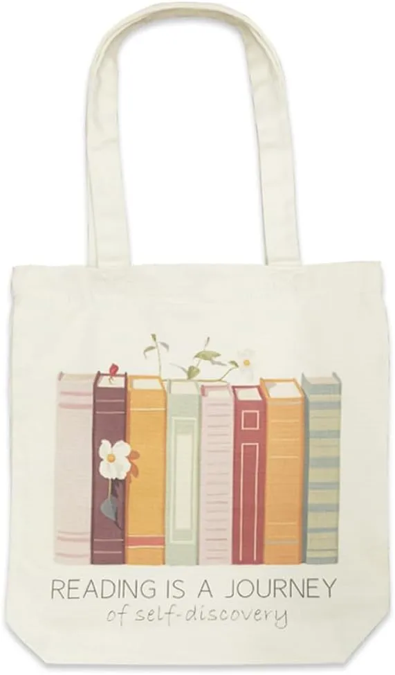 Cute Canvas Book Tote Bag with Pocket, Book Lovers Gifts for Women,Book Themed Birthday Gifts- Reading Accessories