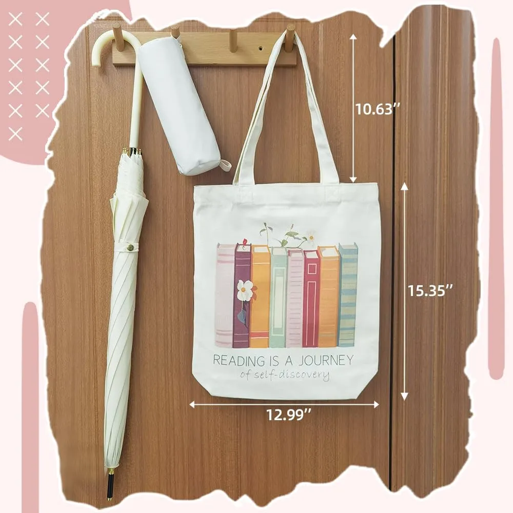 Cute Canvas Book Tote Bag with Pocket, Book Lovers Gifts for Women,Book Themed Birthday Gifts- Reading Accessories