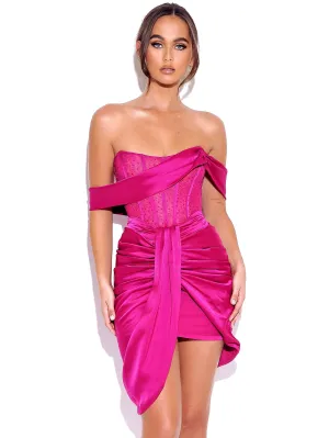 Darlene Fuchsia Off Shoulder Graceful Corset Satin Dress With Crystals