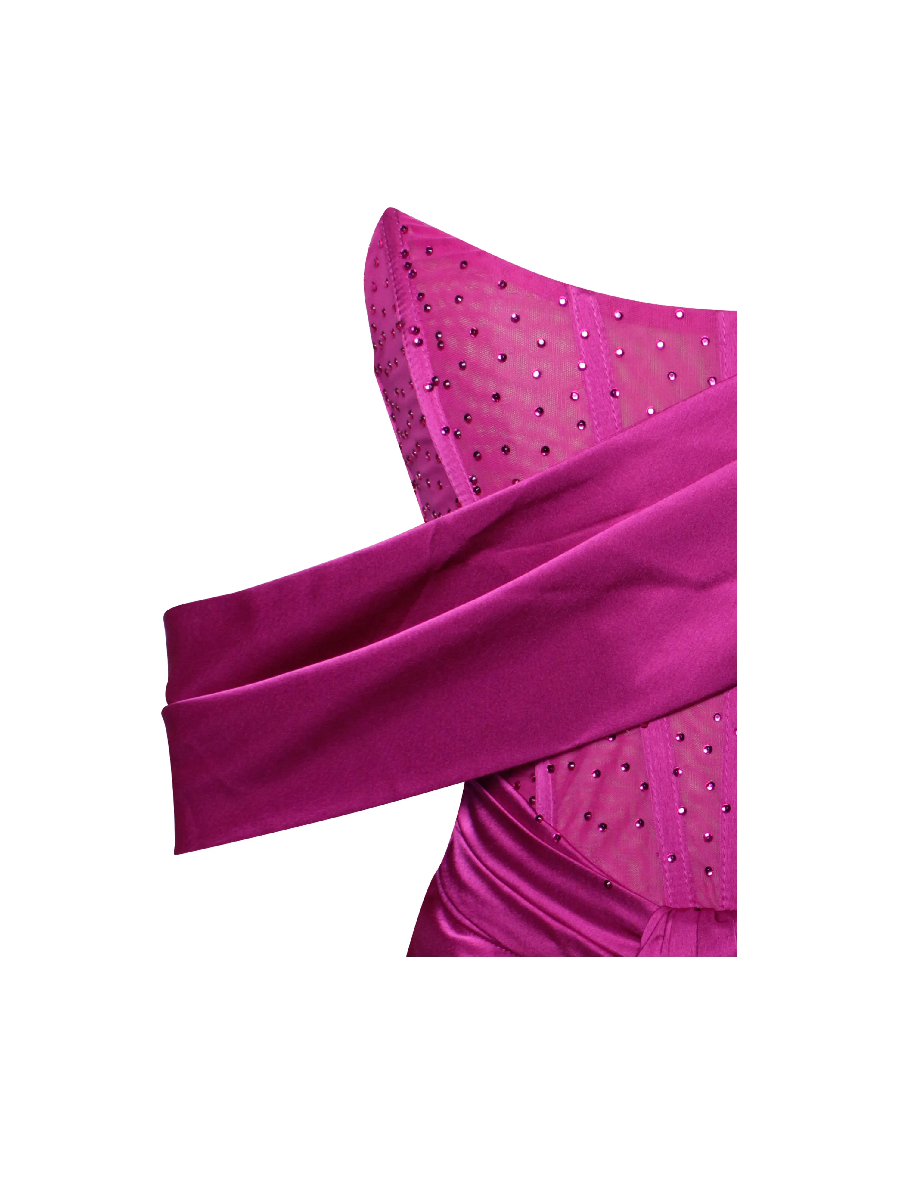 Darlene Fuchsia Off Shoulder Graceful Corset Satin Dress With Crystals