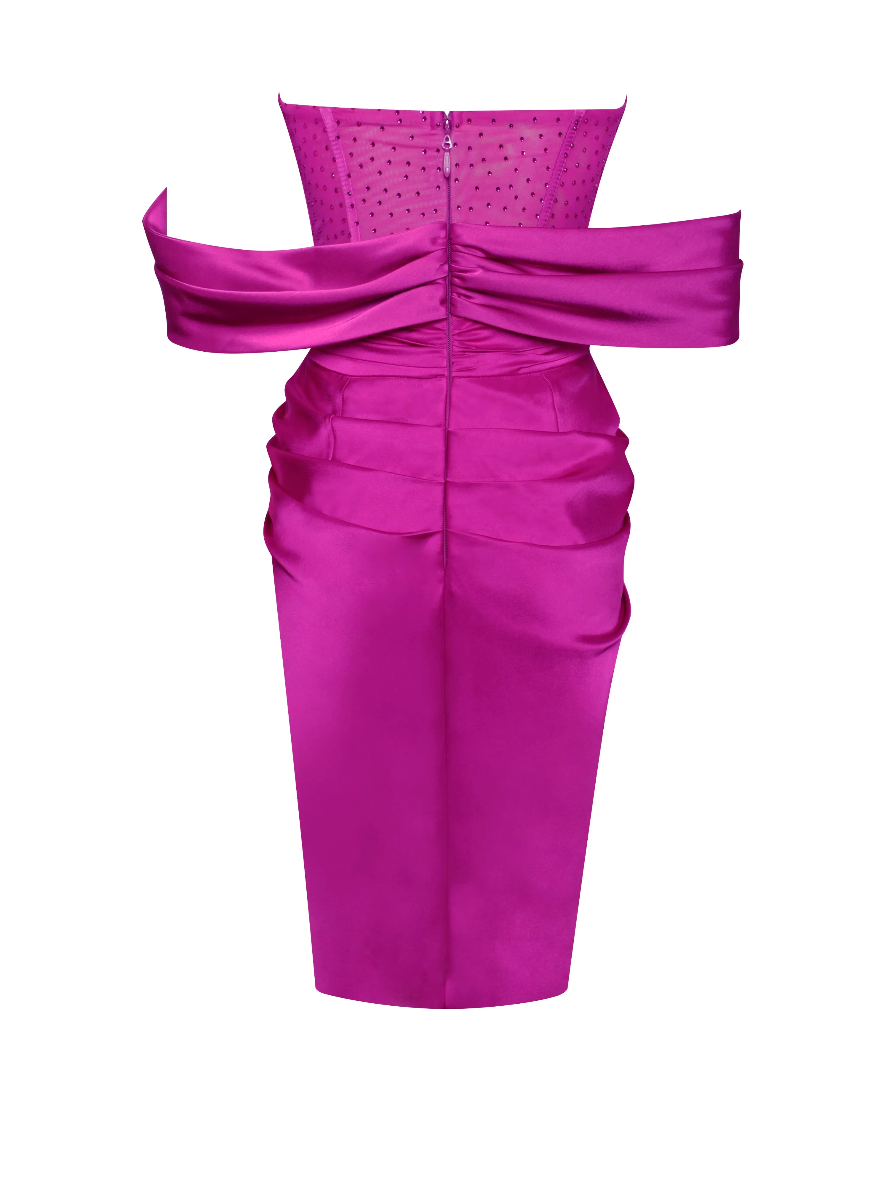 Darlene Fuchsia Off Shoulder Graceful Corset Satin Dress With Crystals