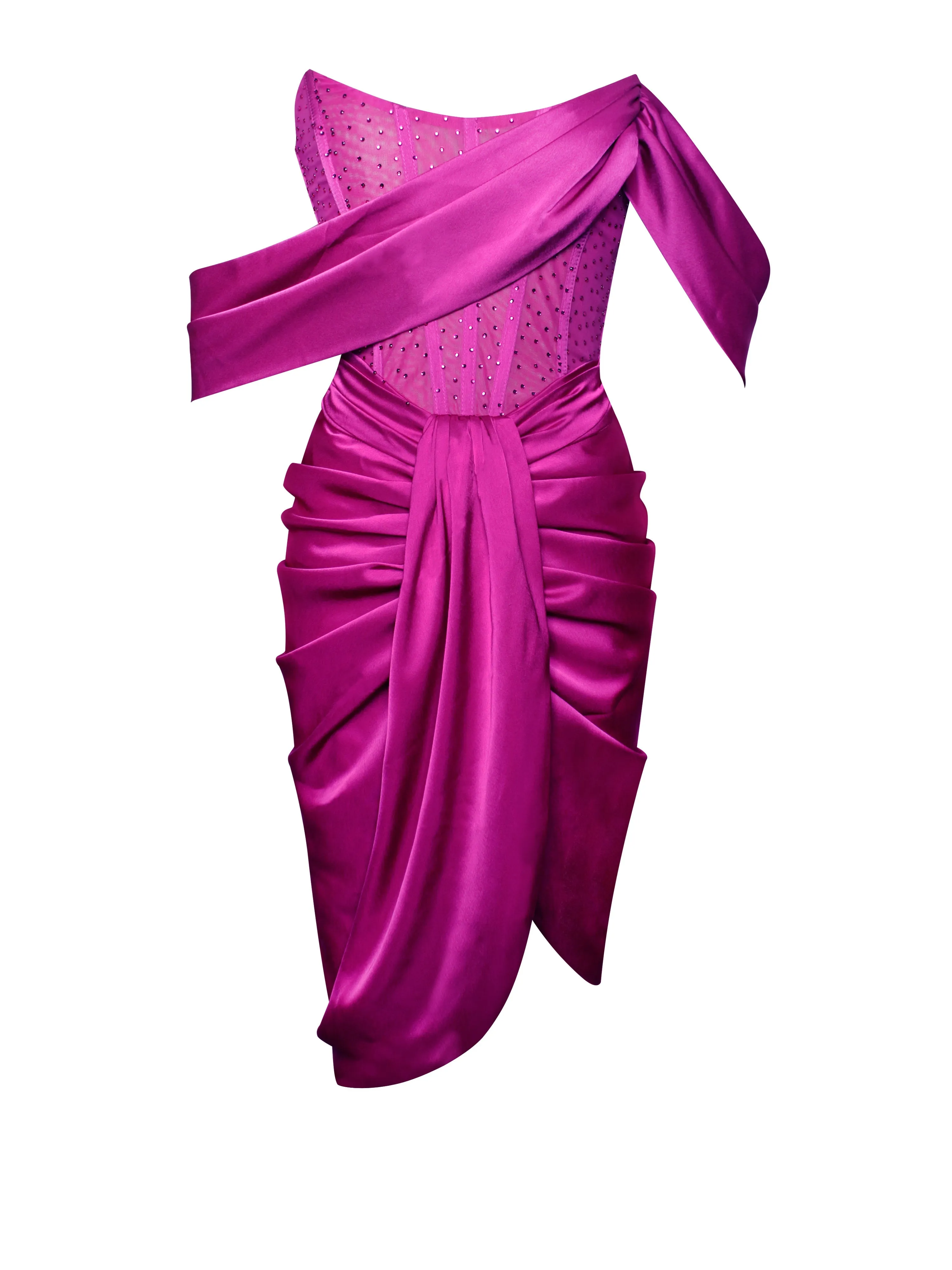 Darlene Fuchsia Off Shoulder Graceful Corset Satin Dress With Crystals