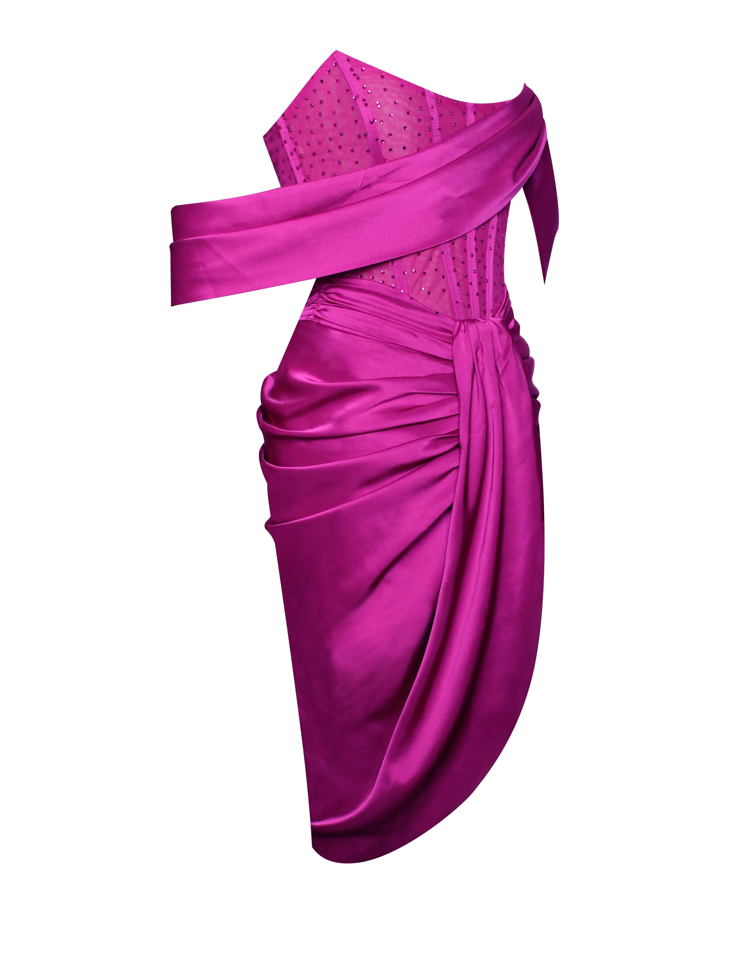 Darlene Fuchsia Off Shoulder Graceful Corset Satin Dress With Crystals