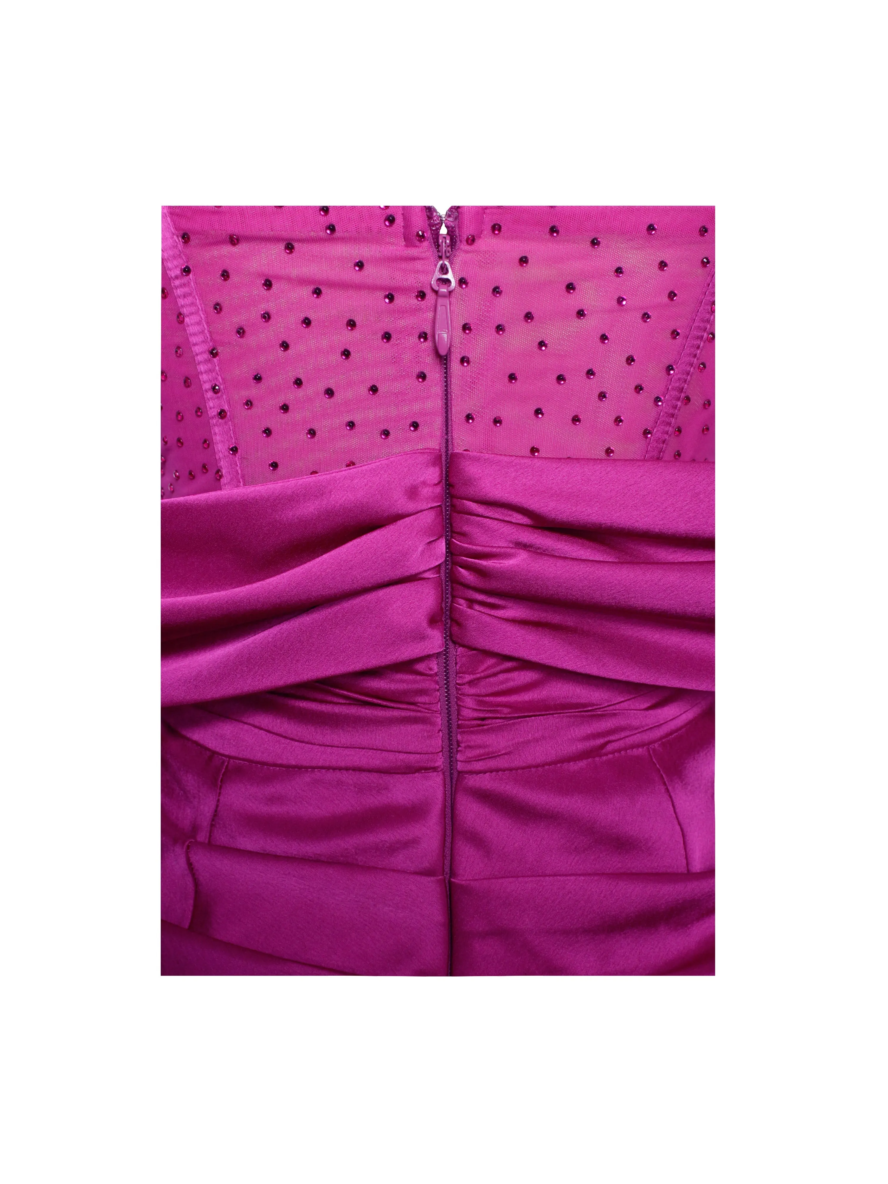 Darlene Fuchsia Off Shoulder Graceful Corset Satin Dress With Crystals