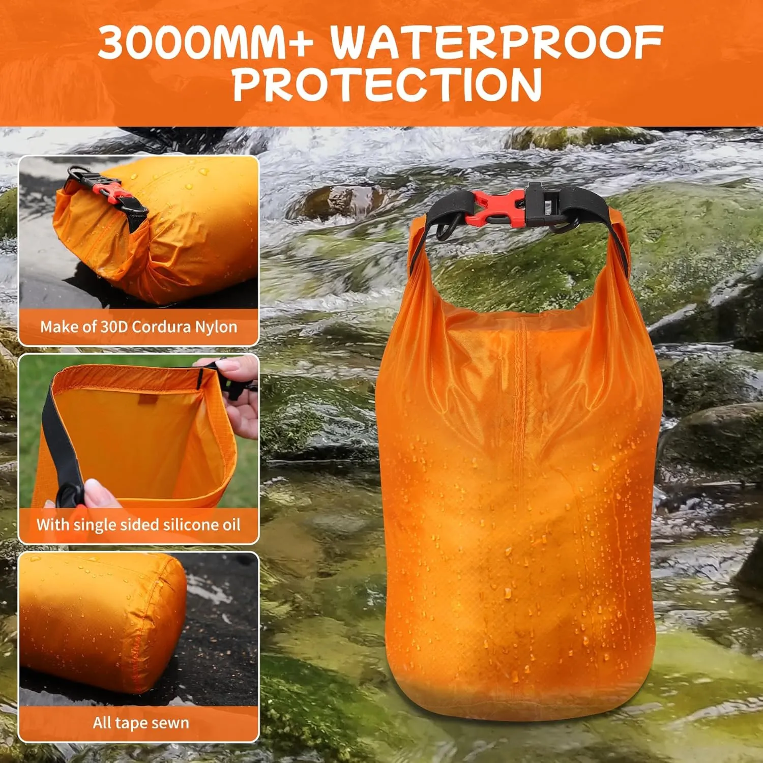 Desoto Waterproof Dry Bag, Roll Top Lightweight Dry Storage Bag with Emergency Whistle for Travel, Orange (5L)