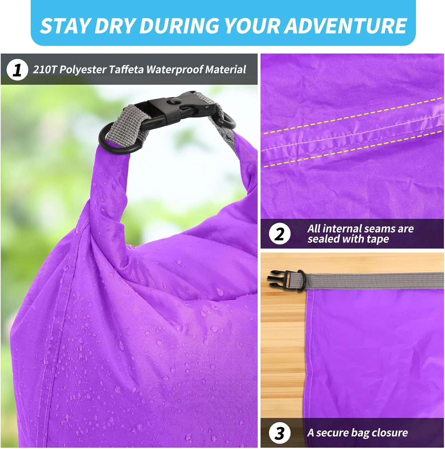 Dry Bag Set, Waterproof Small Lightweight Dry Bags for Paddle Board Kayaking, Fishing, Camping (Purple, 70L 2Pack)