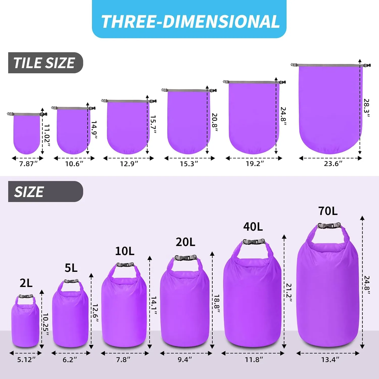 Dry Bag Set, Waterproof Small Lightweight Dry Bags for Paddle Board Kayaking, Fishing, Camping (Purple, 70L 2Pack)