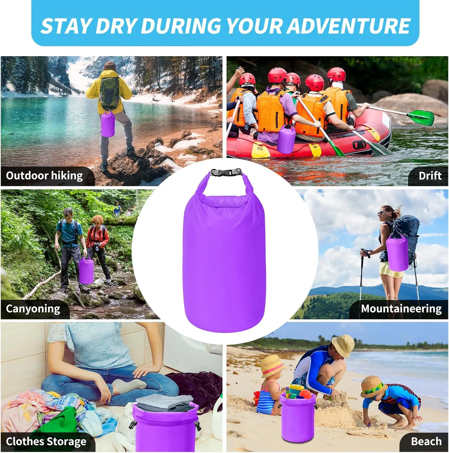 Dry Bag Set, Waterproof Small Lightweight Dry Bags for Paddle Board Kayaking, Fishing, Camping (Purple, 70L 2Pack)