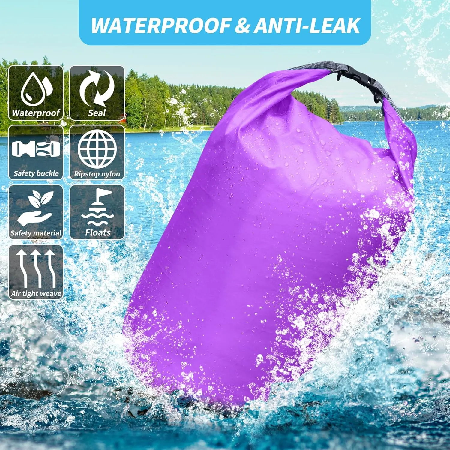 Dry Bag Set, Waterproof Small Lightweight Dry Bags for Paddle Board Kayaking, Fishing, Camping (Purple, 70L 2Pack)
