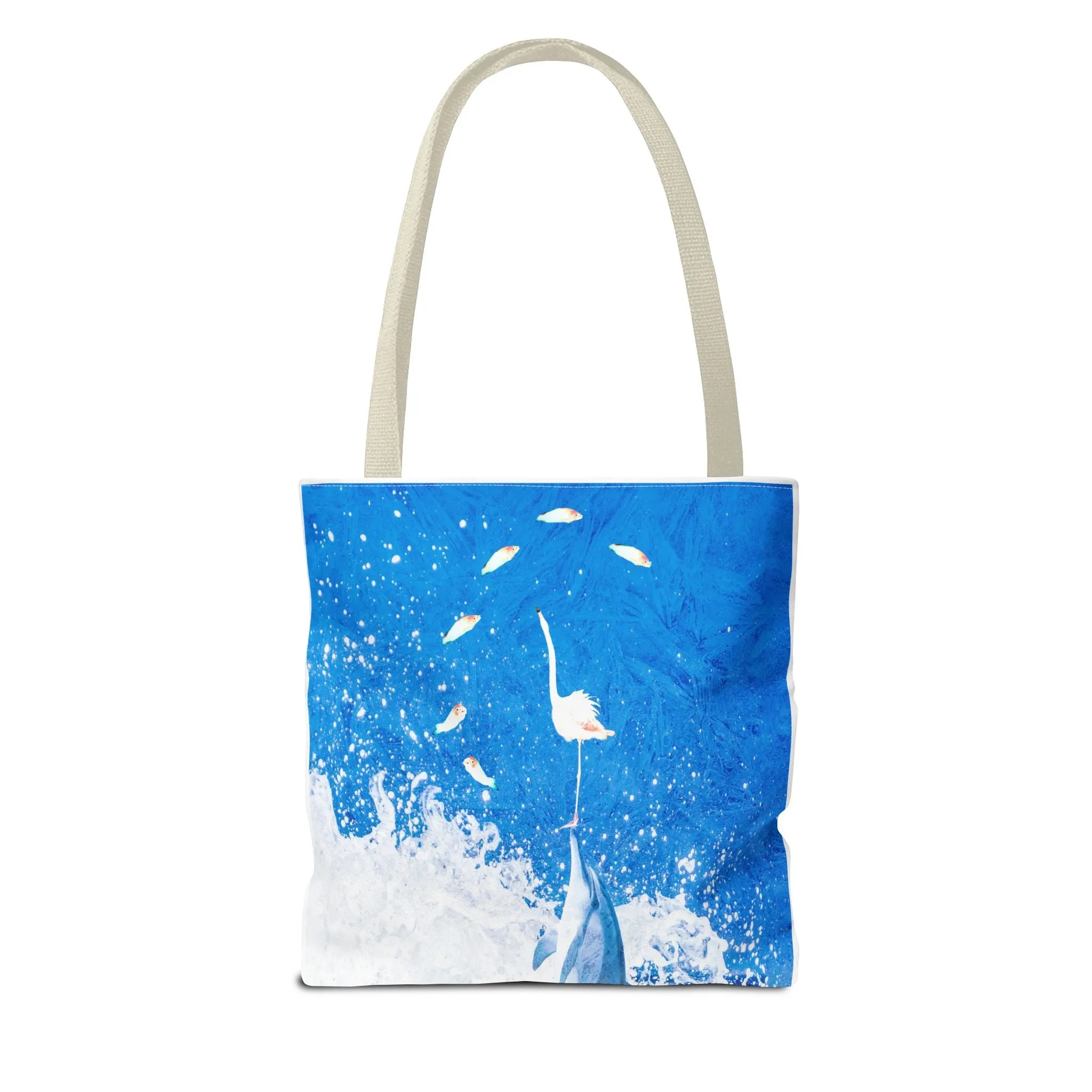 Finn & Feathers Tote Bag, dolphin, flamingo, fish, water sports, blue, white, pool, lake, beach, ocean, airbnb