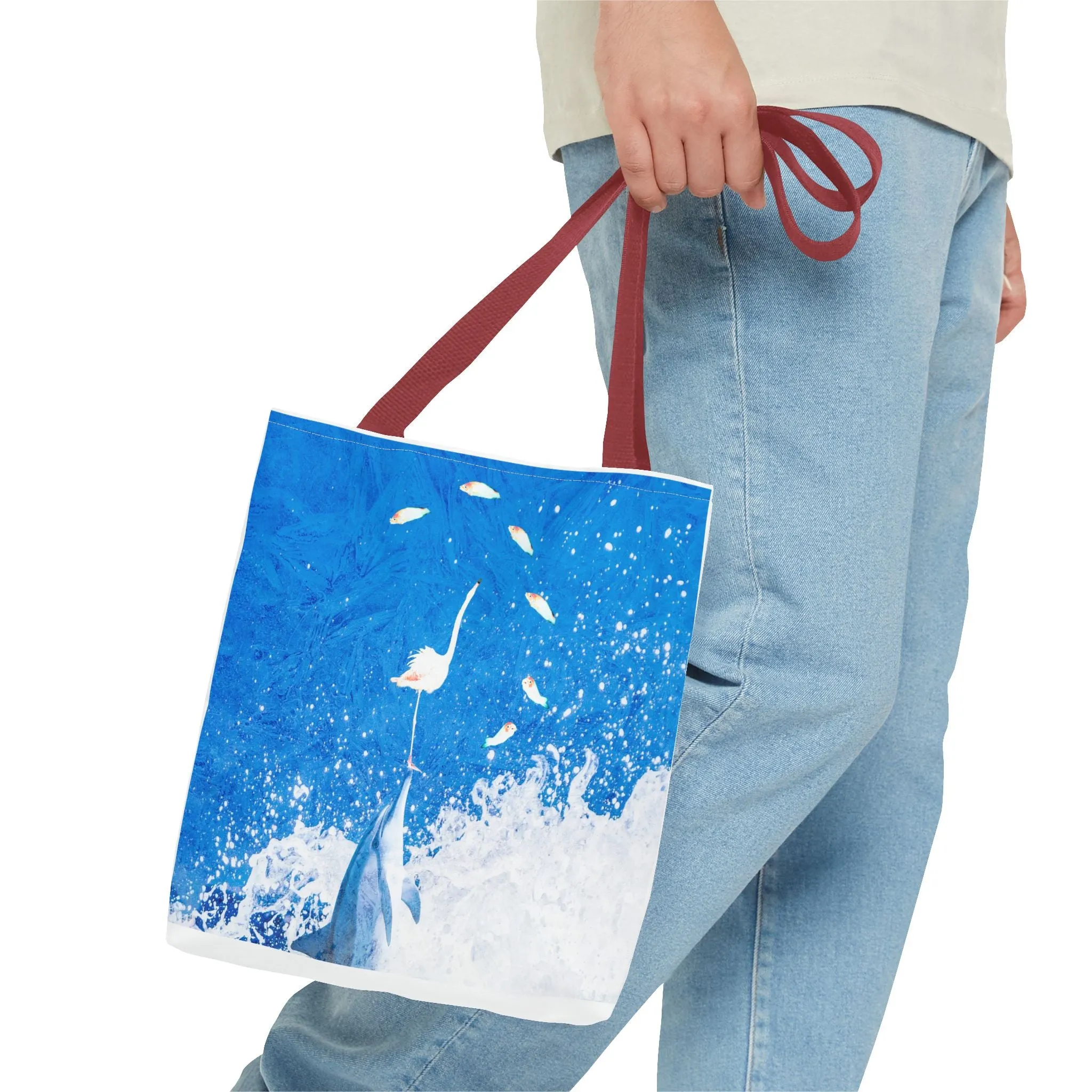 Finn & Feathers Tote Bag, dolphin, flamingo, fish, water sports, blue, white, pool, lake, beach, ocean, airbnb