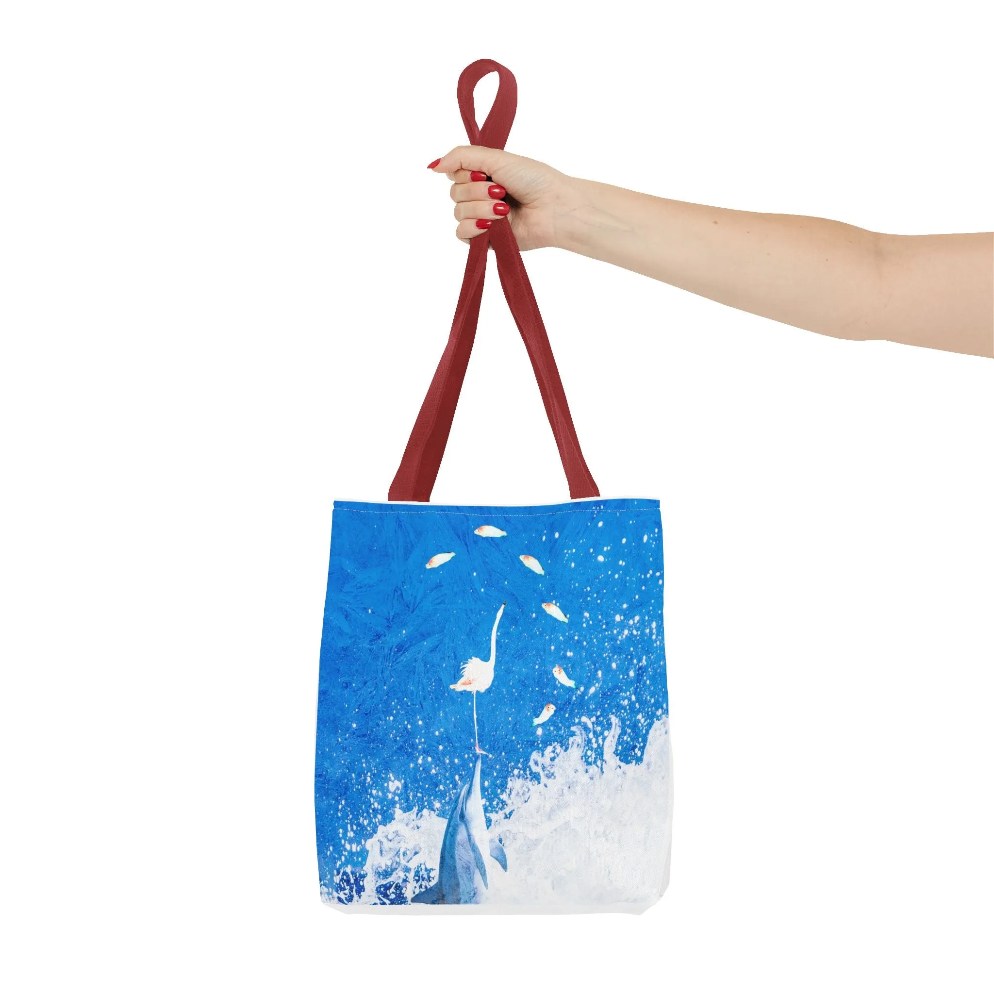 Finn & Feathers Tote Bag, dolphin, flamingo, fish, water sports, blue, white, pool, lake, beach, ocean, airbnb