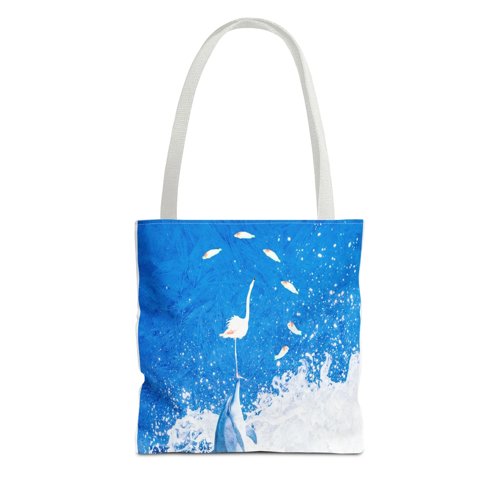 Finn & Feathers Tote Bag, dolphin, flamingo, fish, water sports, blue, white, pool, lake, beach, ocean, airbnb