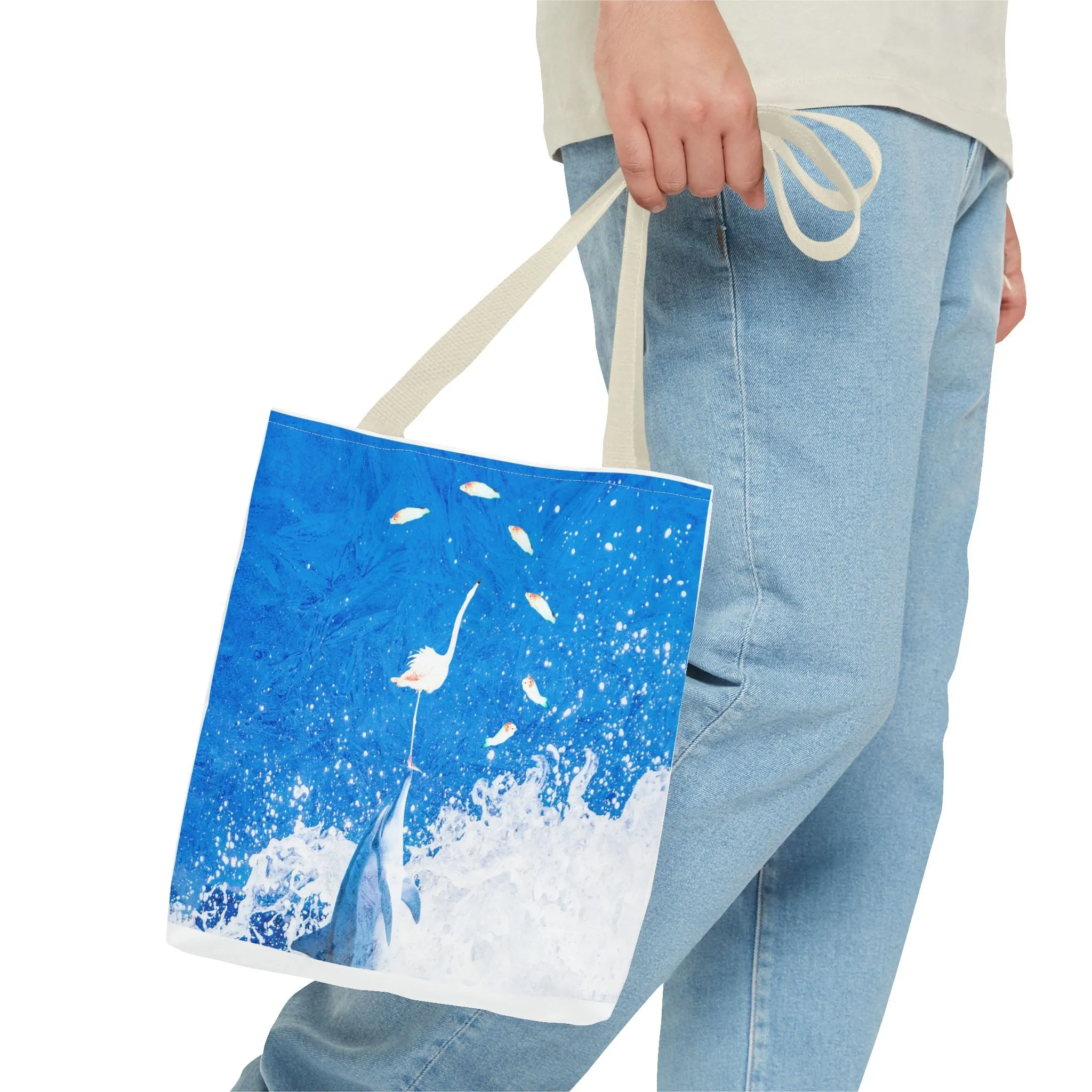 Finn & Feathers Tote Bag, dolphin, flamingo, fish, water sports, blue, white, pool, lake, beach, ocean, airbnb